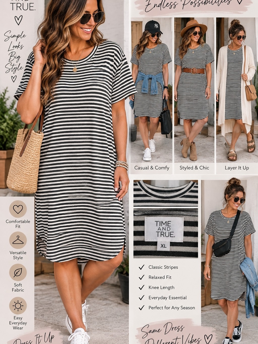 Time and Tru XL Black & White Striped Short Sleeve T-Shirt Dress